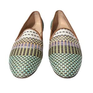 Jon Josef Gatsby Aria Green Multicolored Raffia Loafers Size 7.